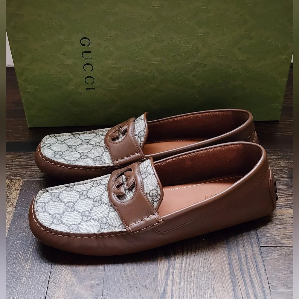 $850 New Gucci GG Interlocking Men Driver Loafer Brown Leather Shoes G 8.5/US 9